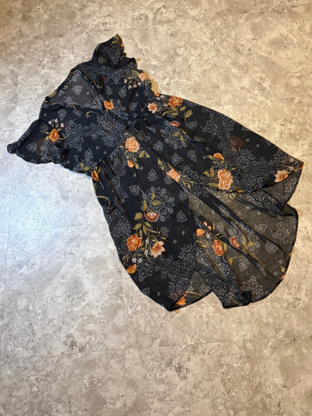 Torrid Short to long Sheer Cover|  Black Floral Ruffle sleeves with Orange Roses